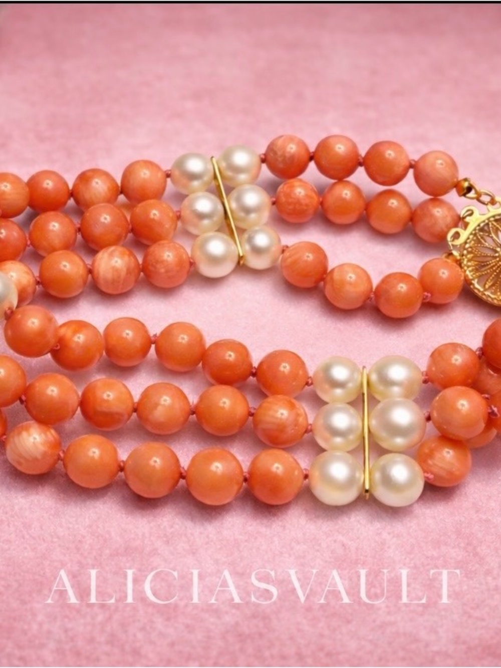 Vintage Style Coral and Pearl Triple-Strand Bracelet